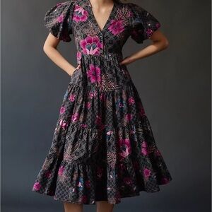 Anthropologie Black and Pink Floral Midi Dress